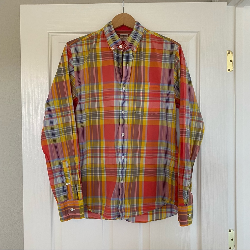 Bonobos Men's Slim Fit Plaid Shirt 100% cotton Size Medium Multi-color Spring